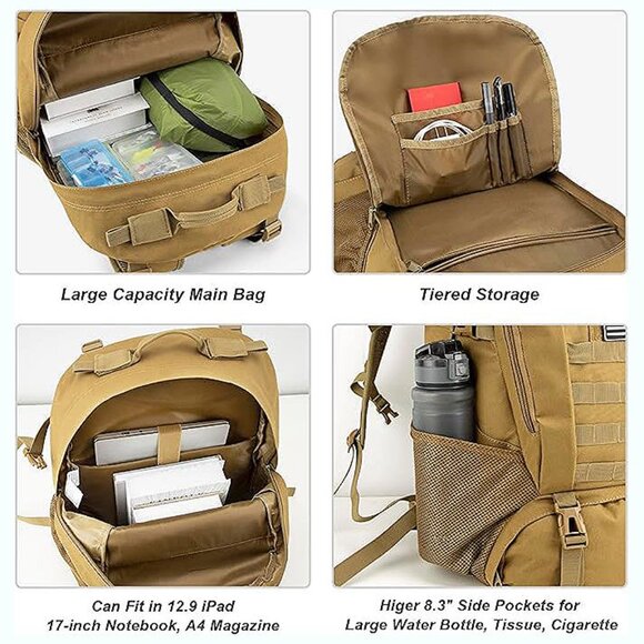 Tactical Backpack for Men Hiking Day Pack Molle Military Rucksack 35L-TAN - Picture 4 of 8